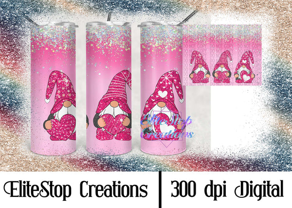 20oz Skinny Straight Tumbler- Pink Holographic Glitter |  Valentines Day Gnomes- Digital Design - EliteStop Creations