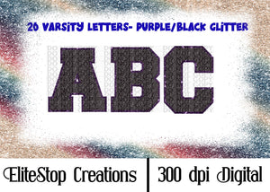 Chenille | Black Varsity Letters | Purple Glitter- Alpha Set- Digital Design - EliteStop Creations