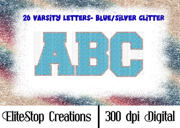 Chenille | Blue Varsity Letters | Silver Glitter- Alpha Set- Digital Design - EliteStop Creations